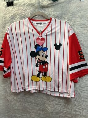 Red & White Mickey Mouse Stripe Jersey Top